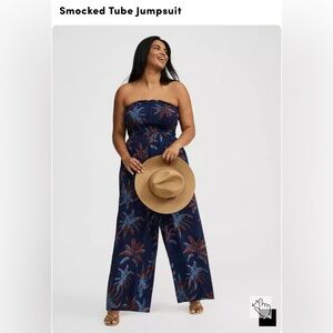Smocked Tube Jumpsuit - Navy Tropical Print